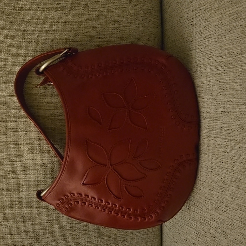 Kenneth Cole Bright Red Leather Handbag Floral Inlay Design Purse